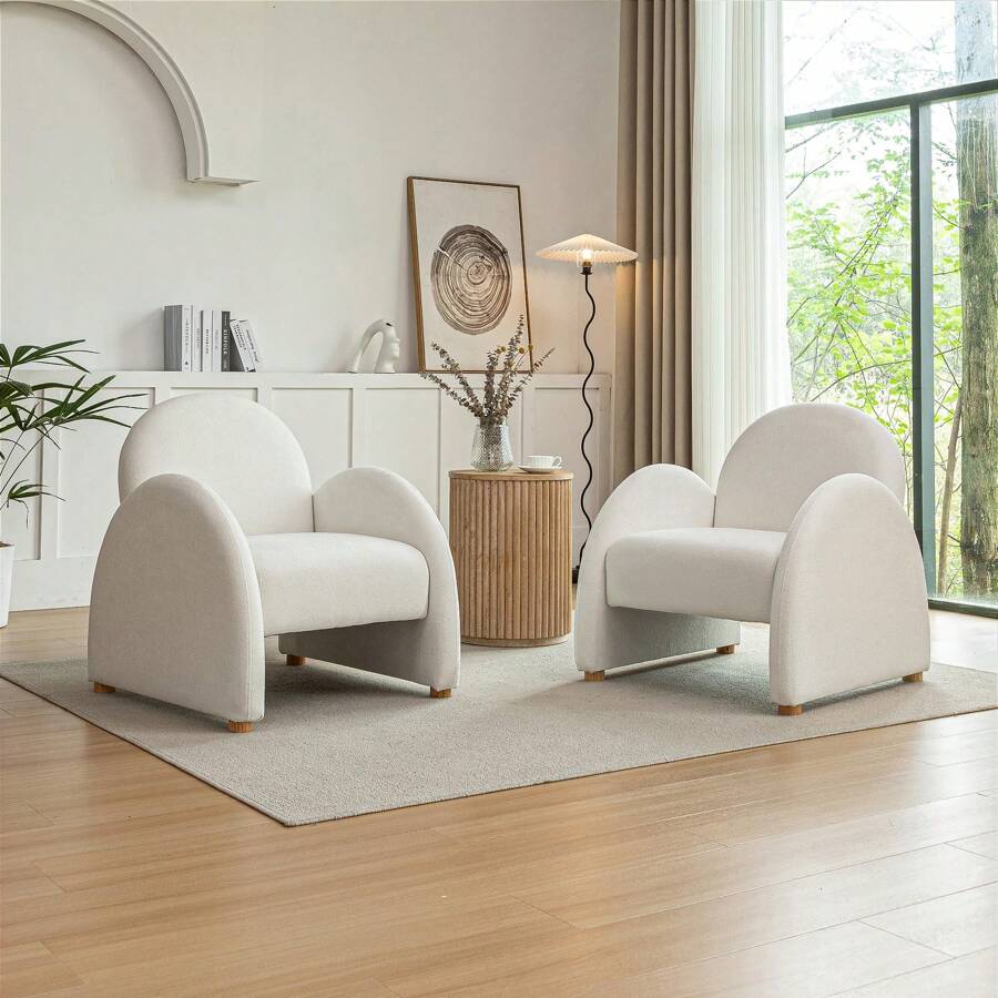 Modern Accent Chairs Set Of 2, Upholstered Boucle Arm Single Sofa, Comfy Armchair, Fluffy Reading Chair For Living Room, Bedroom, Home Office - Beige - View 1