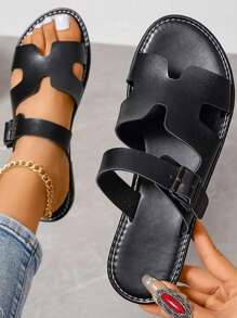 女士时尚黑色平底凉鞋，带可调节松紧带 - 休闲露趾夏季鞋，仿皮鞋面和橡胶鞋底，适合户外穿着，舒适的沙滩拖鞋，适合正式和休闲场合