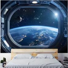 Polyester-Hintergrund mit Weltraumthema - Design mit Raumschiff und Erde, geeignet für Geburtstag, Jahrestag und Feier, für Innen- und Außenbereich