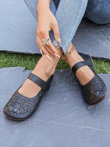 New Hollow Out Sunflower Flat Sandals, Slip On Summer Breathable Perforated Women Shoes, Soft Sole, Large Size Comfortable Casual Moms Shoes - Black - View 7