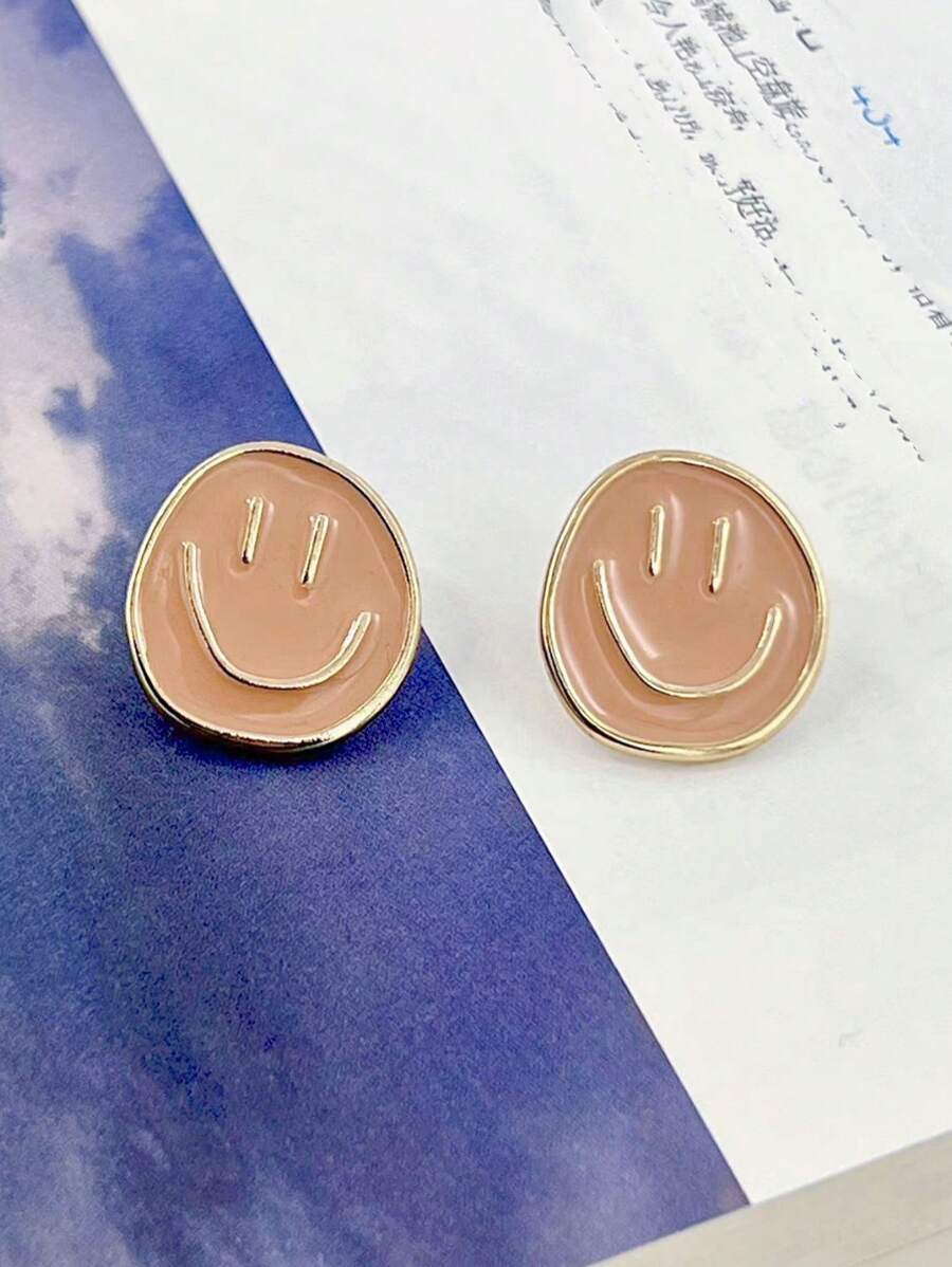 1 对女士可爱珐琅笑脸设计耳钉，优雅