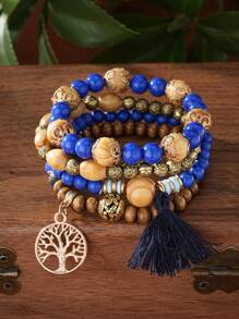 4pcs/Set Boho Multilayer Wooden & Glass Beaded Bracelets With Tassel, Life Tree & Butterfly Pendants, Suitable For Everyday Wear