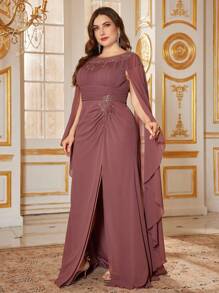SUPGIR Kleid mit Kappärmeln, geraffter Taille, eleganter schmaler Passform, Strass am Saum, Schlitz vorne, Hochzeitsgast Kleid, Party Kleid, Abendkleid - Altrosa - Übersicht 6
