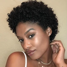 CEXXY Short, Voluminous Curly Wig With 200% Density Made Of Real Human Hair, Ready To Wear, Pixie Cut, Brazilian Human Hair, Women's Style, Natural Black Curly Wig, Machine-Woven Bob Wig - Natural Black - Xem 3