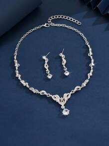3pcs Women's Heart & Flower Rhinestone Embellished Wedding Jewelry Set