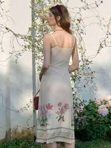 Simple Retro Ladies' Summer Contrast Color Square Neckline Placement Print Romantic Elegant Vintage Bodycon Waist Sleeveless Mid-Length Dress Spring Break