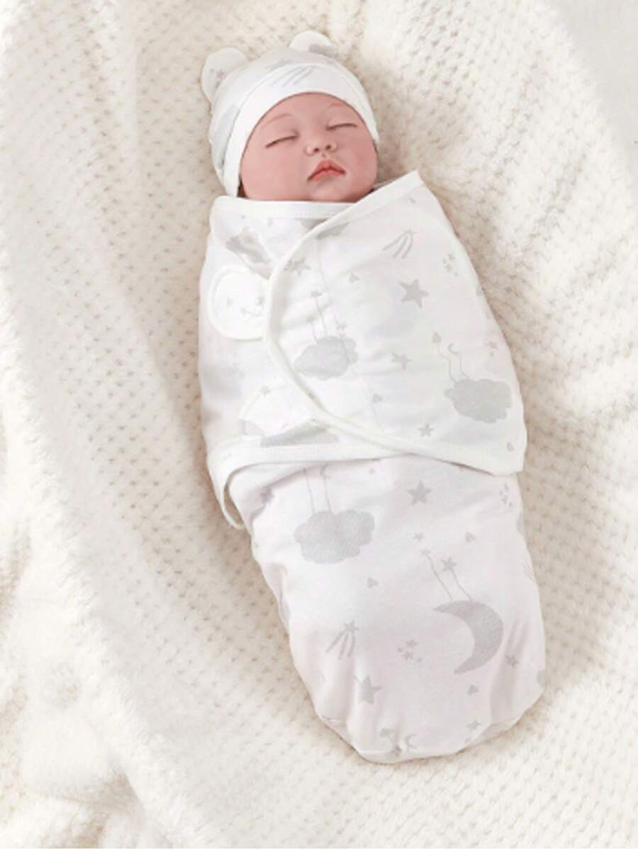 1 件新生儿襁褓毯 + 帽子套装，带星星和月亮图案 - 星星月亮 - 查看 1