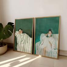 Set Of 2 Abstract People Wall Art Prints, Canvas Hangings, Posters, Wall Art, Contains Emerald Green Striped Woman Canvas Poster, Minimalist Large Art Wall Decor, Coffee Lovers Prints, Spring Decor For Living Room, Bedroom, Cafe, Bar, Office, Hallway And Home Room Decor Artwork Gifts Birthday Graduation