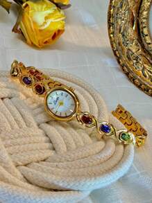 1pc Elegant & Luxurious Gemstone Ladies Watch, Fashionable, Vintage Style With Pearl Dial, Suitable For Social Gatherings, Parties, Vacations, Daily Wear, Birthday Or Holiday Gift