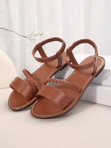 大码女式舒适简约圆头 T 型带弹性皮革平底凉鞋，夏季休闲一脚蹬沙滩拖鞋