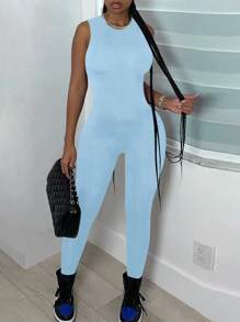 EARO Women's New Fashion Jumpsuit, Casual Splice Sleeveless High Waist Elastic Fitted Sports Romper - 淺藍色 - 查看 3