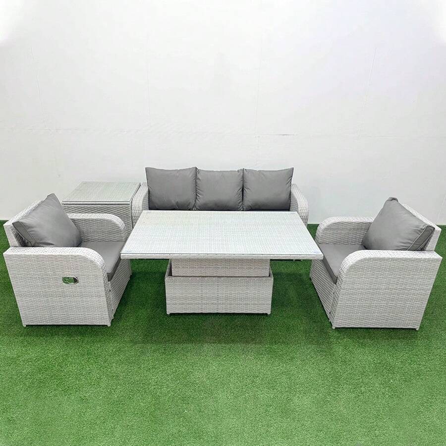 Fimous PE Rattan Garden Furniture Set Reclining Chair Sofa Lounge Sofa Set Adjustable Lifting Dining Or Coffee Table Side Table Light Grey - Light Grey - View 1