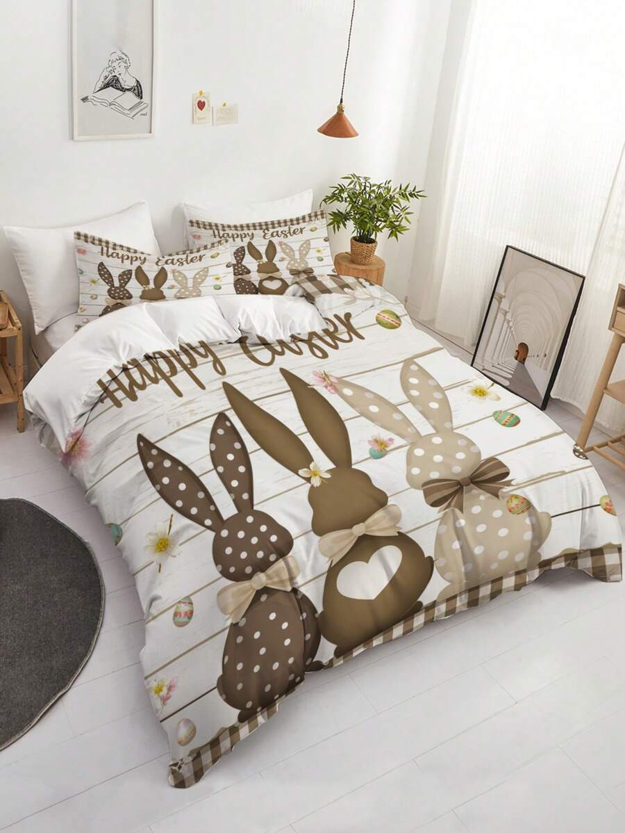 3-teiliges Bettwäsche-Set im rustikalen Vintage-Stil mit Osterhasen & Eiermuster (1*Bettbezug + 2*Kissenbezüge, ohne Füllung), weich & hautfreundlich, entspannend für die Augen, weiches & bequemes Bettwäsche-Set, geeignet für alle Jahreszeiten, mit Reißverschluss, geeignet für Hotel, Schlafzimmer, Gästezimmer und Studentenwohnheim Dekoration, allergikerfreundlich und pflegeleicht, für alle Jahreszeiten - Braun - Übersicht 1