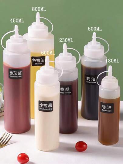 5pcs/Set 3pcs 230ml White Plastic Squeeze Bottles, Pointed Mouth Sauce Dispenser, Salad Dressing Dispenser, Cream/Cheese Dispenser, Liquid Condiment Plastic Bottles, Suitable For Kitchen Condiments, Bread And Cheese, Squeeze Bottle With Cap And Scale