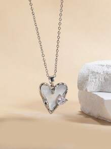 1pc Minimalist 14K Gold Plated Mother Of Pearl Heart Necklace, European Style