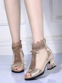 2025 夏季新款女士广场舞鞋蕾丝水钻网眼坡跟芭蕾舞鞋，露趾软底舞蹈鞋 - 金色 - 查看 7