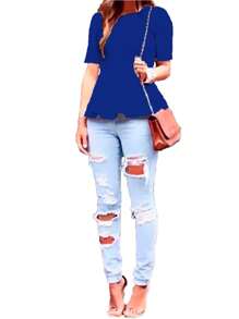 Short Sleeve Ruffle Blouse - Navy Blue - View 2