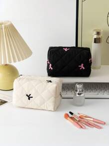 Fresh And Simple Series, New Embroidered Bow Quilted Storage Bag, Cute Ladies Cosmetic Bag, Used For Cosmetics, Headphones, Data Cables, Change, Stationery Storage, Suitable For Students And College Students Cosmetics Items Storage Belongings, Travel Shopping And Business Trips, The First Choice For Holiday Gifts