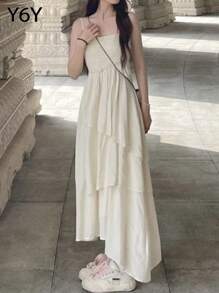 [Y6Y] 女士休闲纯色无袖吊带连衣裙，不对称荷叶边层叠喇叭下摆A字裙