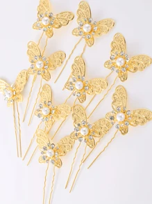 5 件女士 U 型发夹，金色蝴蝶珍珠水钻新娘发夹，适合发髻发型，简约日常婚礼发饰