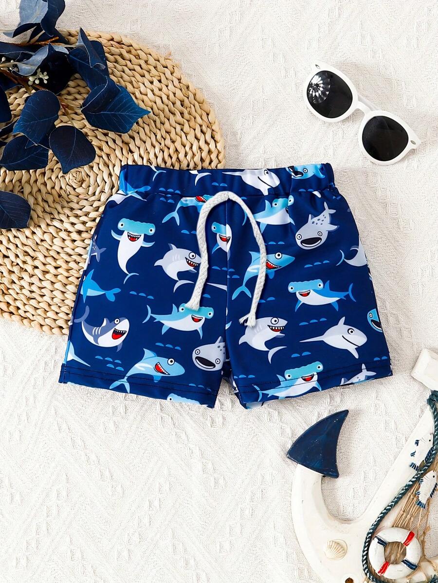 Young Boy Shark Print Beach Swim Trunks - Blue - View 1