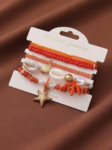 Set de 6 piezas Pulseras elásticas con conchas y estrellas de mar, estilo de vacaciones de playa rosa, adecuadas para uso diario y vacaciones de mujeres
