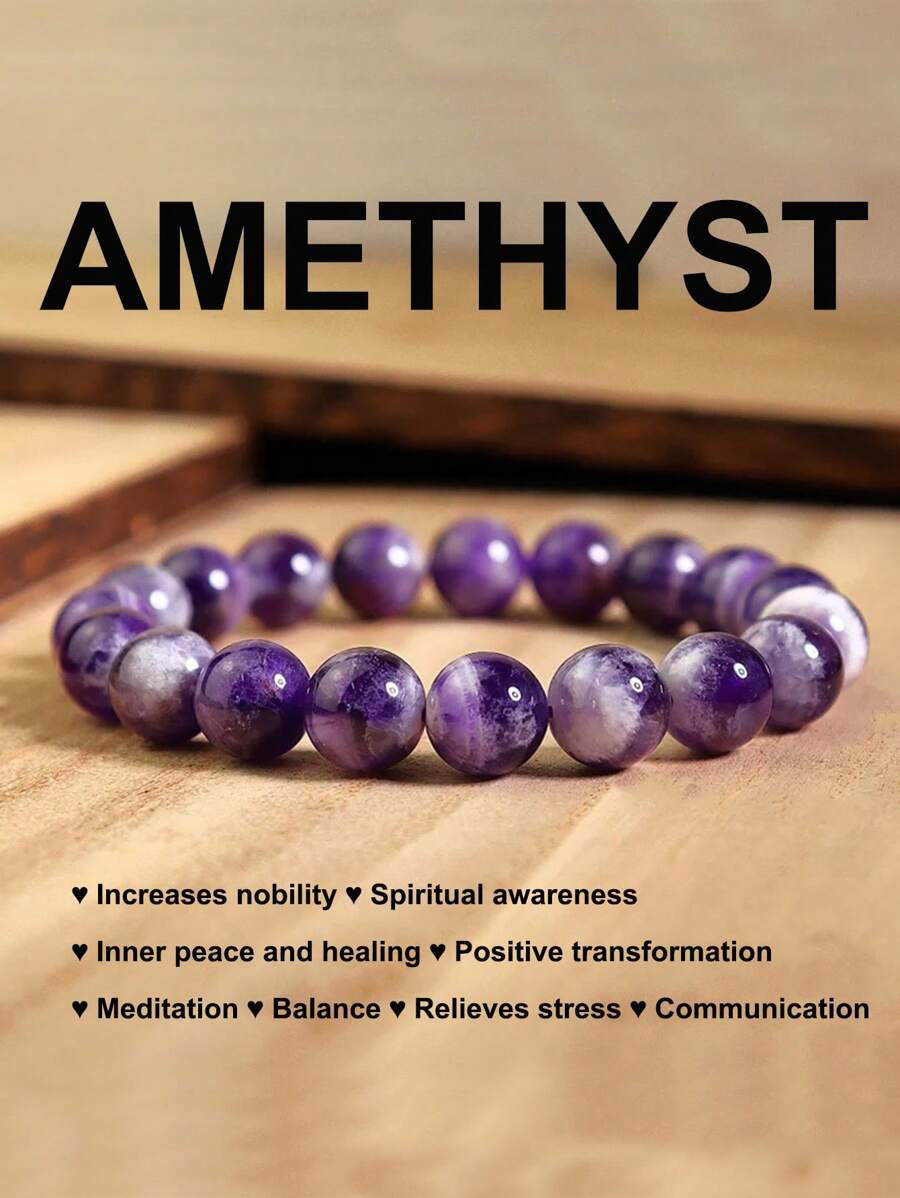 1Pc Natural  Amethyst Beaded Bracelet Energy Healing Quartz Purple Crystal Stone Bracelet Women Jewelry Stretch Bracelets Meditation Yoga Anxiety Stress 6mm 8mm 10mm