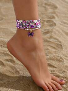 2pcs Bohemian Metal Butterfly Pendant Beaded Anklets, Layered Wrap Elastic Anklet Suitable For Women Beach Vacation (Bead Color And Quantity Random) - Multicolor - View 2