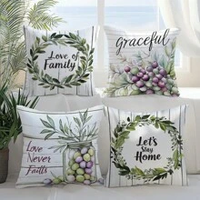 4pcs/Set 17.7*17.7in (45*45cm) "Love Of Family" Rustic Wood Grain Olive Watercolor Print Polyester Pillow Cover (Single-Sided Printing), Home Sweet Home Decorative Cushion Cover For Living Room Sofa Bedroom Headboard, Suitable For Daily Use Or Home Decor, Car Headrest