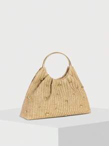 Bolso de mano de mujer de moda Talla S con decoración de remaches, bolso de paja fruncida, bolso tejido, bolso de asa superior para el verano