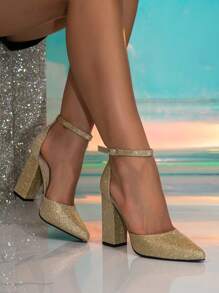 女士尖头亮片镂空高跟鞋