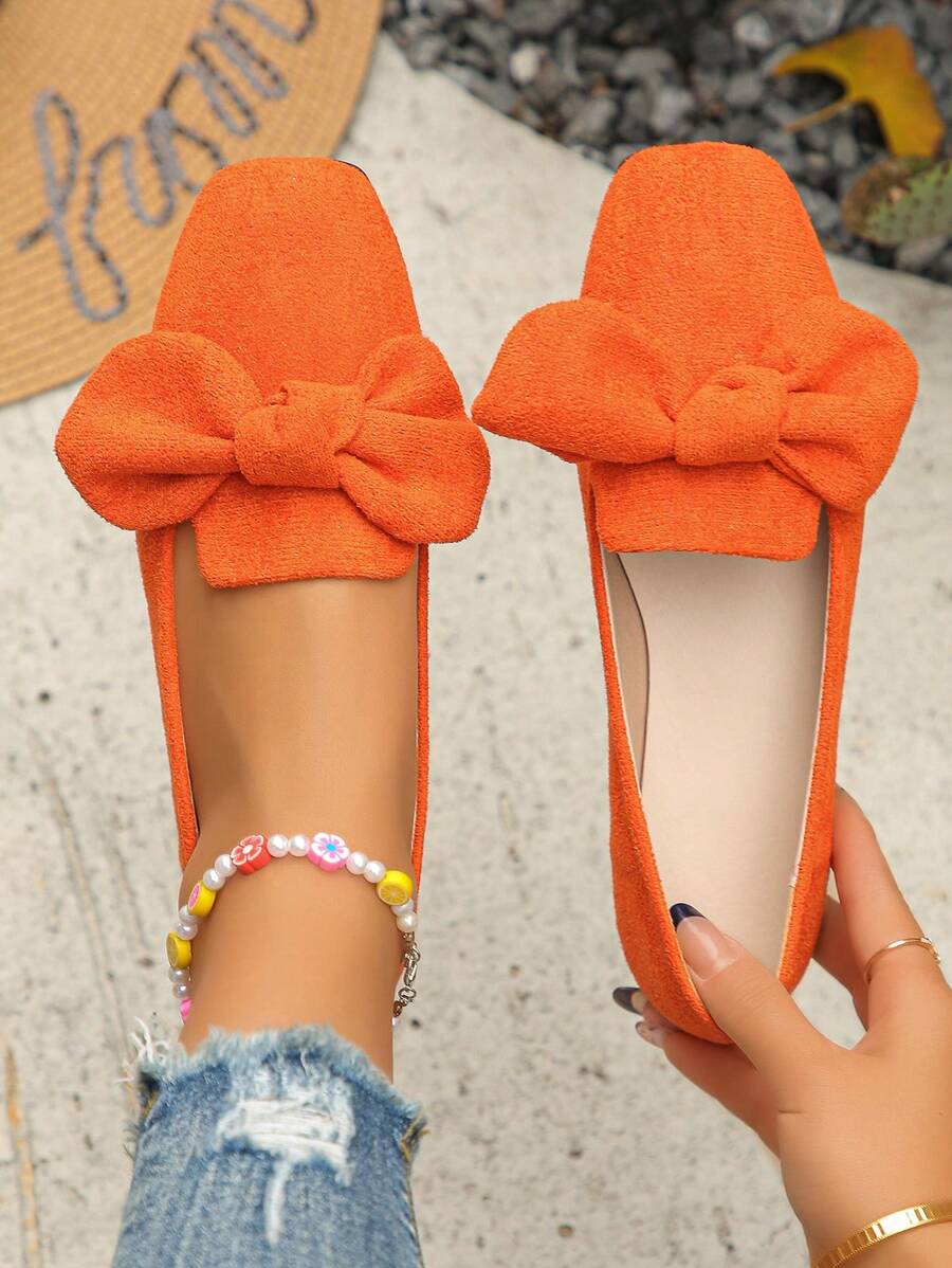 Mocasines casuales anaranjados con puntera redonda, tallas grandes para mujer, de slip-on, cómodos, con decoración de lazo, transpirables con suela blanda antideslizante, nuevo para primavera/otoño