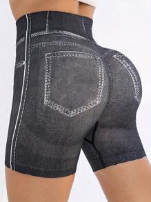 女式牛仔效果高腰瑜伽短裤，提臀弹力腰带运动短裤