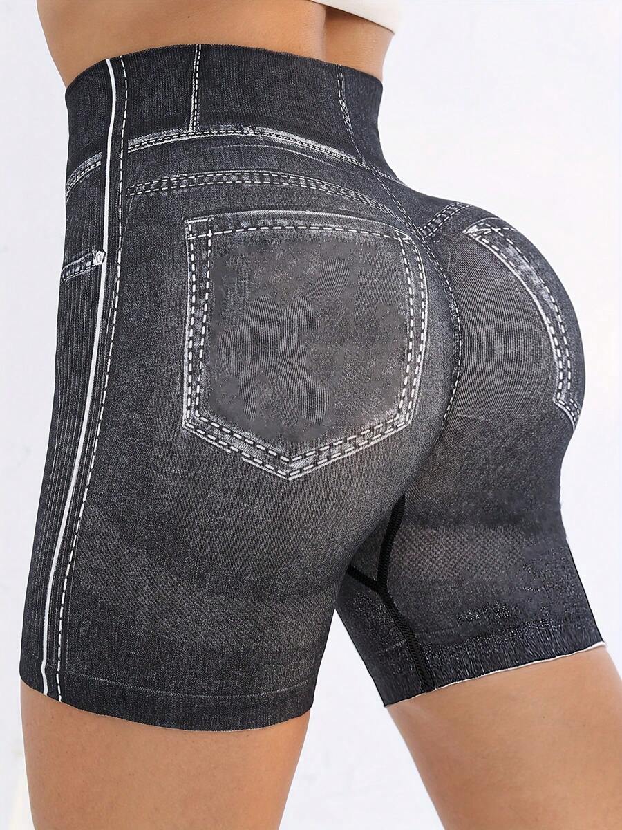 女式牛仔效果高腰瑜伽短裤，提臀弹力腰带运动短裤