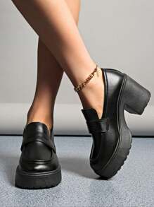 女式超高跟迷你皮鞋，法式/英式厚底粗跟乐福鞋，2025年春季新品 - 默黑色 - 查看 2