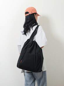 Water-Resistant Large Capacity Drawstring Backpack Tote Bag, Minimalist Fashion Outdoor Shoulder Bag - Black - View 9