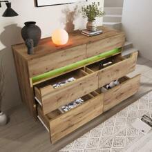 Komoda, kredens drewniany z 6 szufladami, oświetlenie (sterowanie aplikacją), uniwersalny mebel do salonu i sypialni, 71 x 120 x 40 cm, dąb