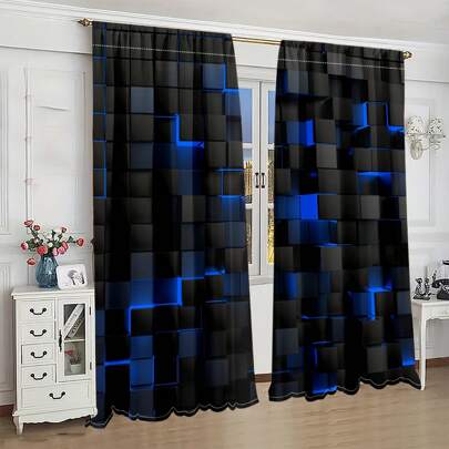 2pcs Geometric Plaid Pattern Print Curtain, With Rod Pockets For Easy Installation - UV Resistant, Machine Washable Polyester Fabric, Suitable For Living Room, Kitchen, Cafe, Balcony And Garden Decor