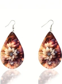 1Pair Bohemian Flower Wooden Small Water Drop Earrings, Watercolor Flower Pattern Earrings Pendant, Girls Jewelry Gift