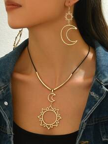 3 pièces/set Bijoux vintage de style moyen-oriental comprenant un soleil, un croissant de lune et une boucle d'oreilles et collier à motif de lune pour femmes