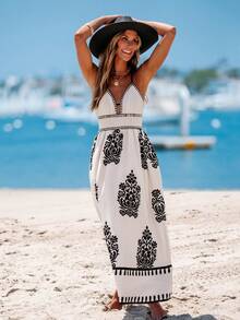 popvil Boho Printed Backless Cross Halter Maxi Dress For Summer Vacation - Beige - View 5