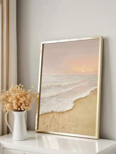 1pc Sunrise Beach Seascape Wall Art, Frameless Canvas Poster, Abstract Wabi-Sabi Style Living Room Decor Hanging Print