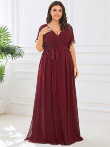 EVERPRETTY Elegant V-Neck Ruffle Flare Sleeve Floor-Length Burgundy Bridesmaid Dress, Spring/Summer Wedding Guest Party Dress - Burgundy - View 5