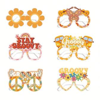 6pcs Retro Hippie Style Paper Glasses, 2pcs Fashionable Colorful 3D Party Glasses, Hippie Party Paper Glasses Decorations For Birthday Party Vintage Decors