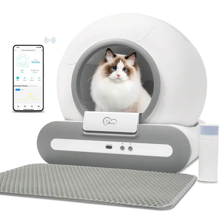 Regalo para amantes de los gatos y regalo para mamá de gatos: Caja de arena automática y autolimpiable, con control de aplicación, compatible con WiFi de 2,4 GHz, incluye estera para la caja de arena y bolsas de basura