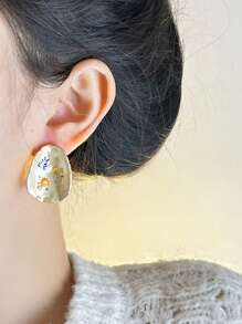 1 Pair Vintage Elegant Enamel Concave Geometric Moon & Flower Butterfly Print Stud Earrings, Simple & Fashionable Everyday Accessory Suitable For Women, Daily Wear/Wedding/Party, Great Gift For Wife/Girlfriend Birthday