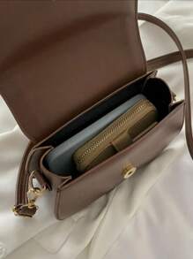 时尚纯色迷你马鞍斜挎包，压纹设计，简约风格女士手提包 - 咖啡 - 查看 7