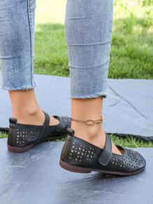 New Hollow Out Sunflower Flat Sandals, Slip On Summer Breathable Perforated Women Shoes, Soft Sole, Large Size Comfortable Casual Moms Shoes - Black - View 6