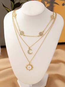 1pc Fashionable European & American Punk Style Casual Multilayer Gold Metal Inlaid Rhinestone 8-Pointed Star, Moon And Enamel 8-Pointed Star Sun Necklace, Stylish Gold Rhinestone Jewelry, Shiny Rhinestone Star Moon Pendant Necklace, Suitable For Women Daily Wear, Various Holidays, Beach, Vacation, Socializing, Party, Couple Gift, Mother's Day Gift - Gold - View 5