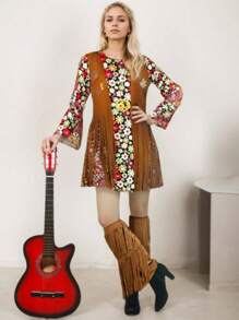 6pcs Vintage Hippie Performance Costume Set, 60s 70s Floral Print Dress + Full Accessories, Suitable For Halloween Party, Christmas Party, Carnival Party, Festival Gift, Party Outfit, Festival Costume, Floral, Retro, Adult Women - Brown Vest - View 2